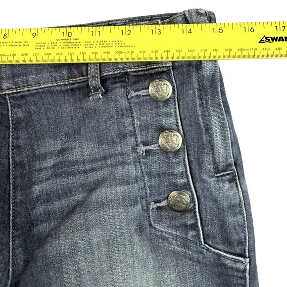 EXPRESS Bell Flare Mid Rise Blue Jeans Size 4 Nautical Button Stretch Denim - Picture 7 of 13